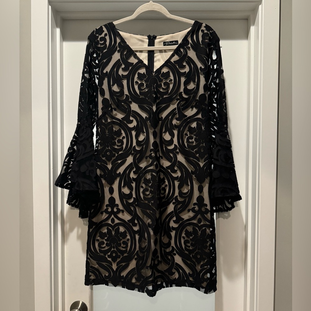 PRELUDE Black Lace Dress Size M Bell Sleeves Midi Length just below knee Formal